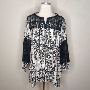 Moonlight Y S Fashion Tunic Floral Scribble White Black Lace Inset